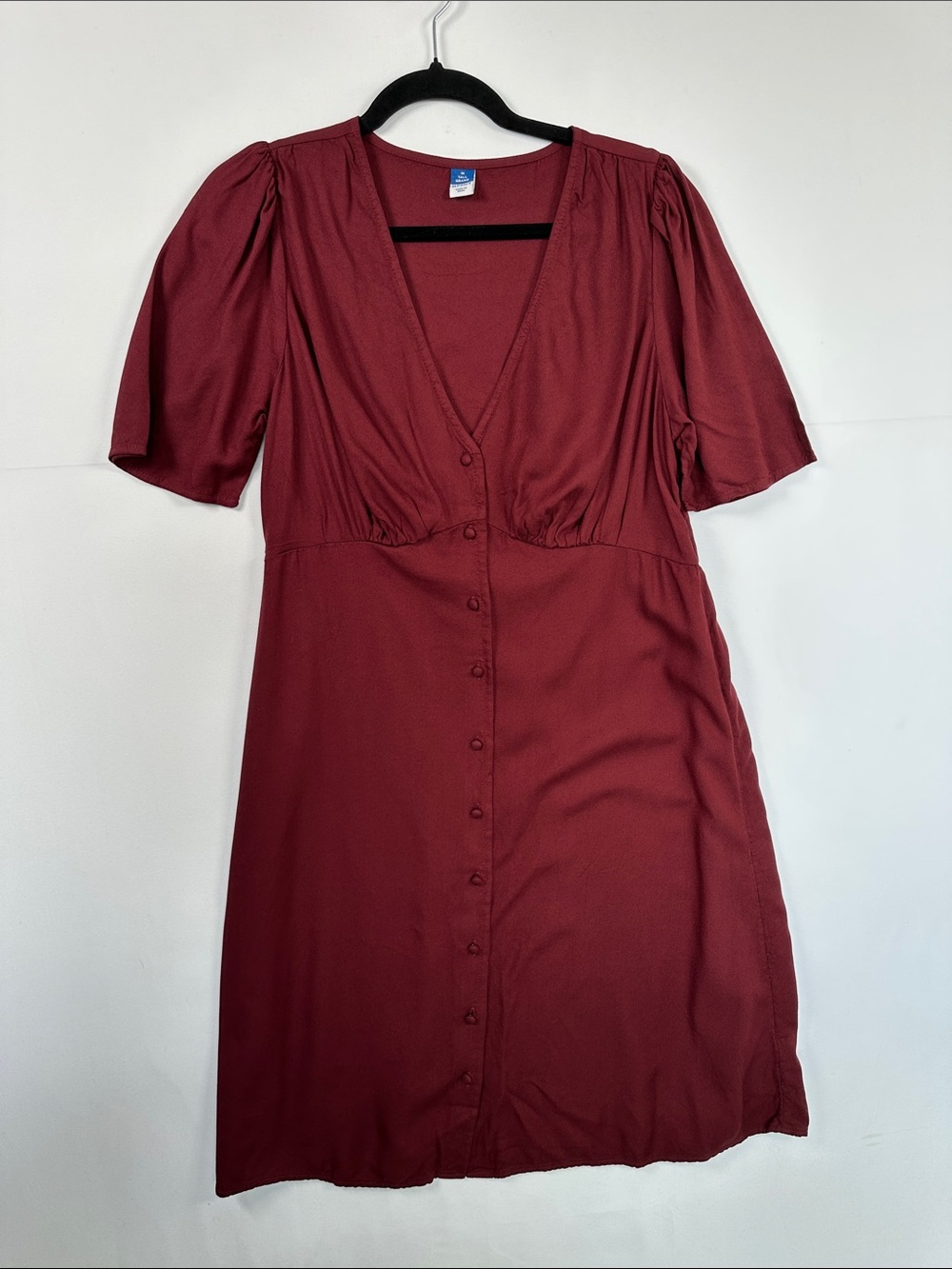 Old Navy Burgundy Button Front V-Neck Dress Puff Sleeve M Tall